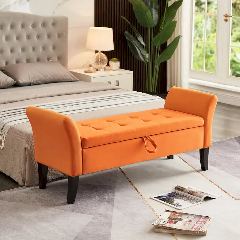 Panca letto contenitore in velluto grigio / arancione / beige, seduta singola
