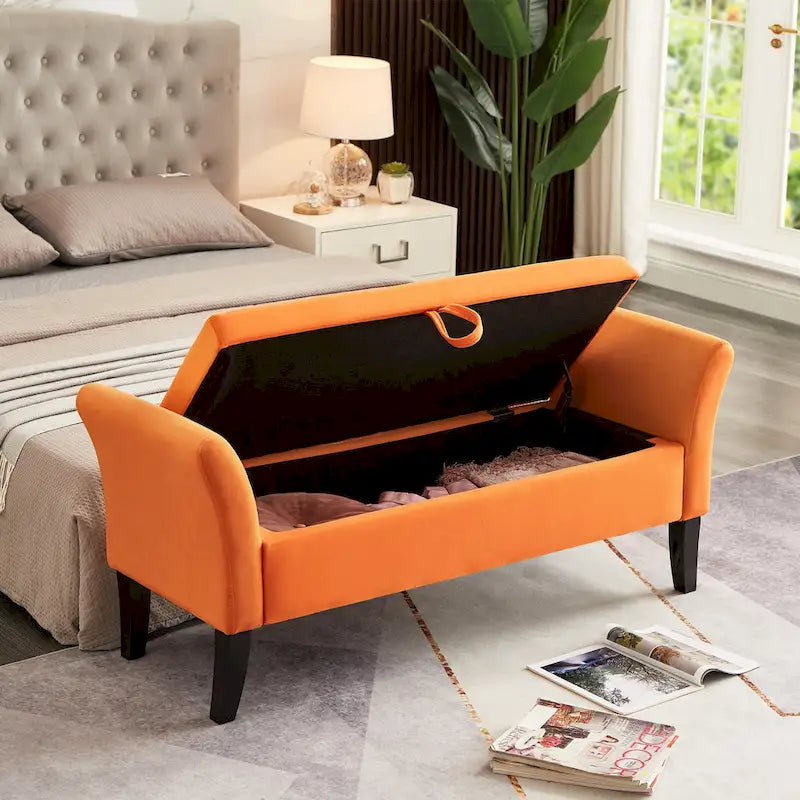 Panca letto contenitore in velluto grigio / arancione / beige, seduta singola