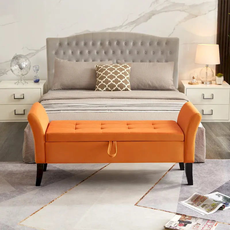 Panca letto contenitore in velluto grigio / arancione / beige, seduta singola