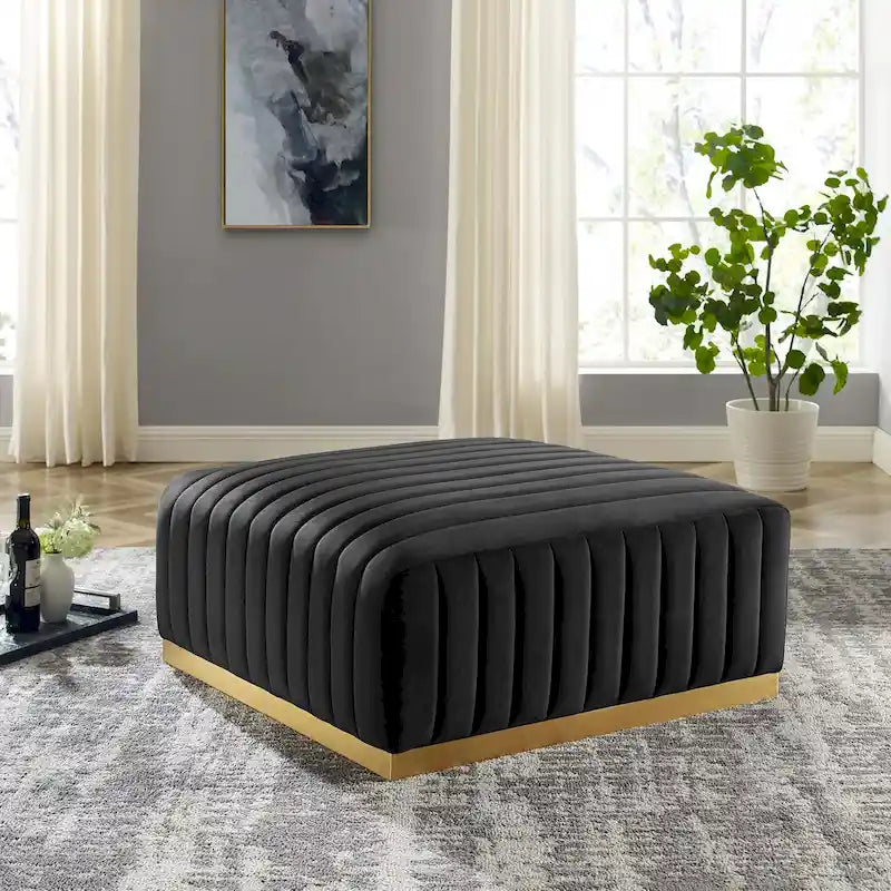 Pouf in velluto trapuntato a canali con base dorata, multi-seduta, 5 colori