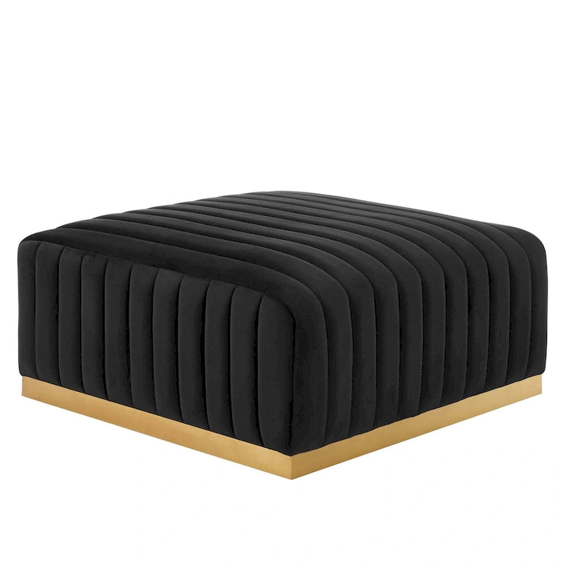 Pouf in velluto trapuntato a canali con base dorata, multi-seduta, 5 colori