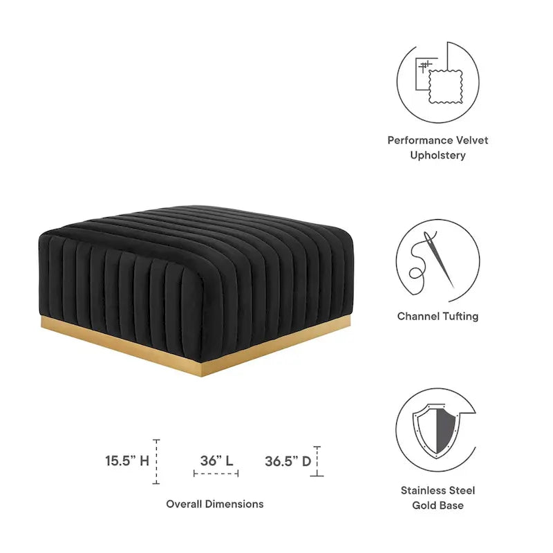 Pouf in velluto trapuntato a canali con base dorata, multi-seduta, 5 colori