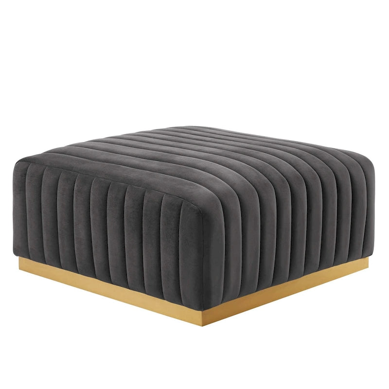Pouf in velluto trapuntato a canali con base dorata, multi-seduta, 5 colori