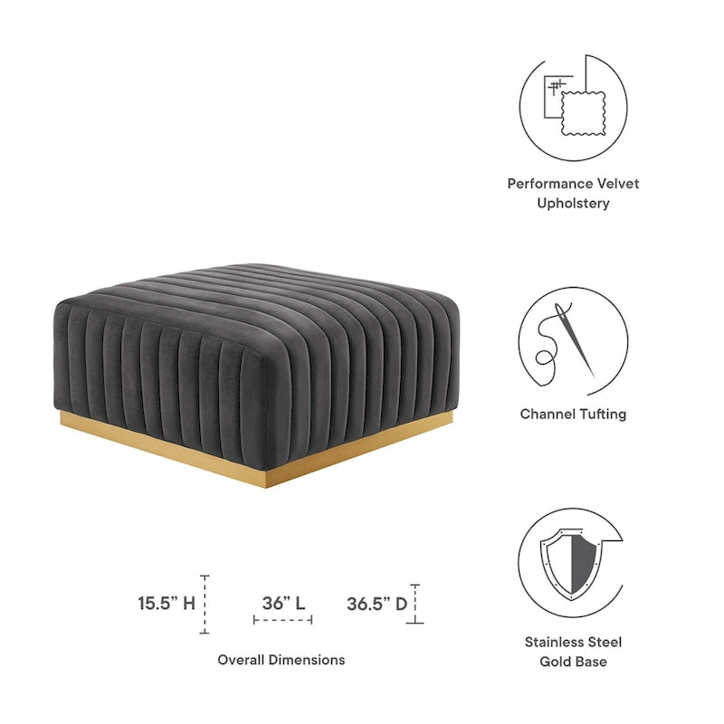 Pouf in velluto trapuntato a canali con base dorata, multi-seduta, 5 colori