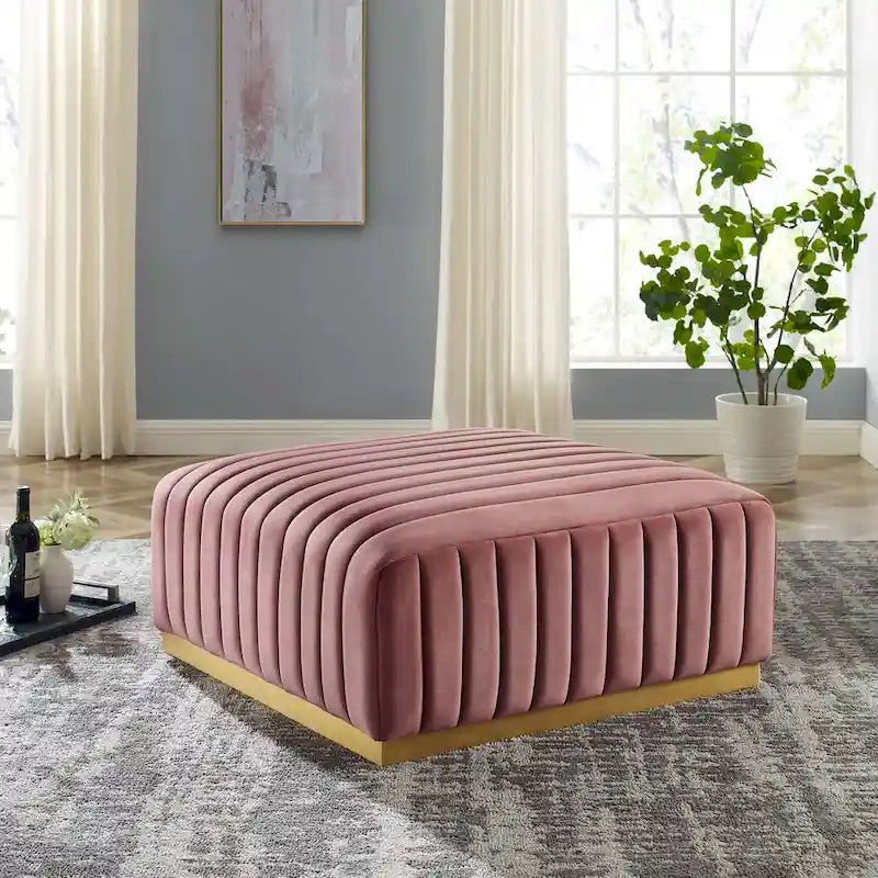 Pouf in velluto trapuntato a canali con base dorata, multi-seduta, 5 colori