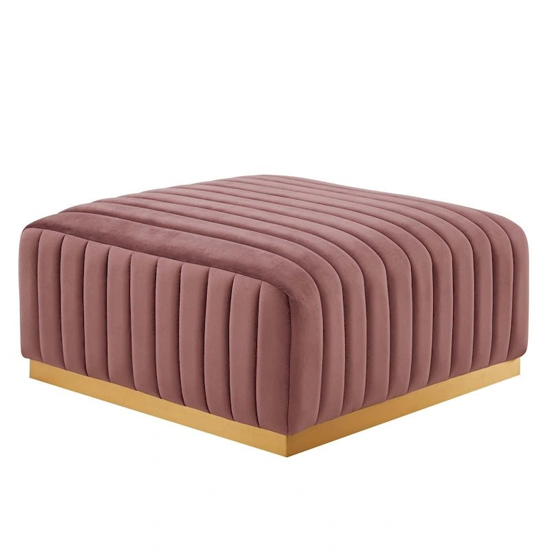 Pouf in velluto trapuntato a canali con base dorata, multi-seduta, 5 colori
