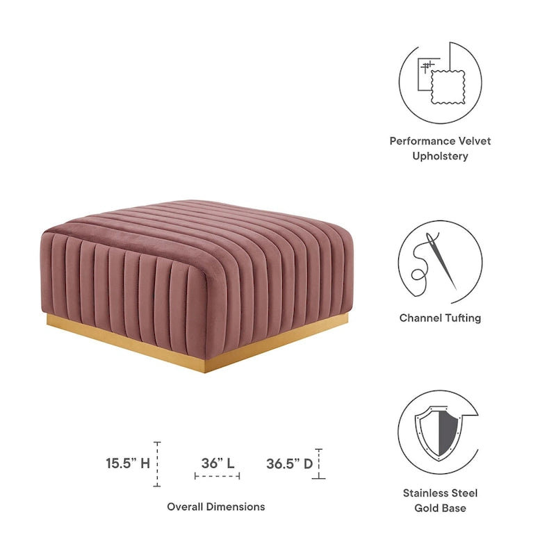Pouf in velluto trapuntato a canali con base dorata, multi-seduta, 5 colori