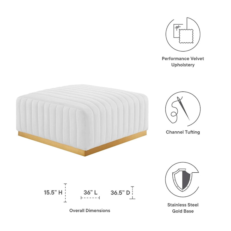 Pouf in velluto trapuntato a canali con base dorata, multi-seduta, 5 colori