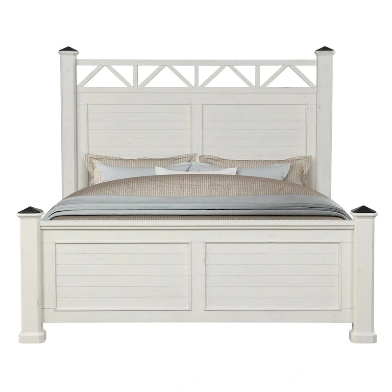 Letto con pannelli in legno bianco antico, a doghe, matrimoniale/queen-size