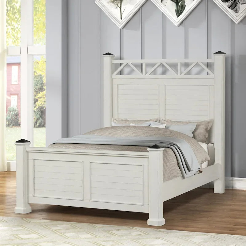 Letto con pannelli in legno bianco antico, a doghe, matrimoniale/queen-size