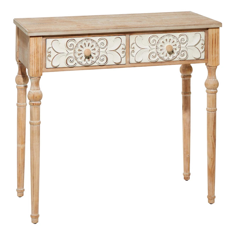 Wood Floral Intricately Carved 2 Drawers Console Table - Brown - Roche River Decor - 16 W x 36 L x 33 H