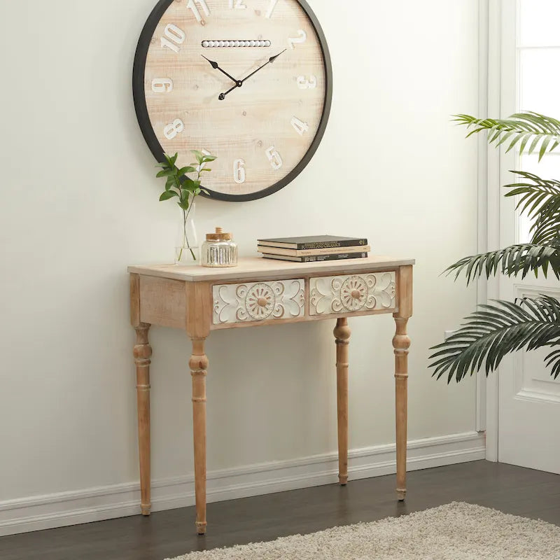 Console intagliata floreale marrone con 2 cassetti, piano in legno