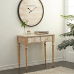 Console intagliata floreale marrone con 2 cassetti, piano in legno