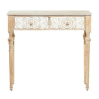 Console intagliata floreale marrone con 2 cassetti, piano in legno