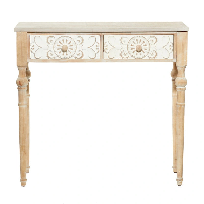 Console intagliata floreale marrone con 2 cassetti, piano in legno