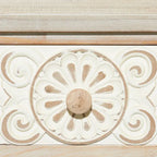 Console intagliata floreale marrone con 2 cassetti, piano in legno