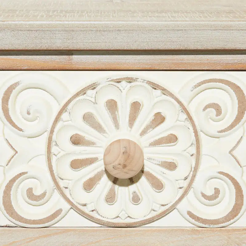 Console intagliata floreale marrone con 2 cassetti, piano in legno