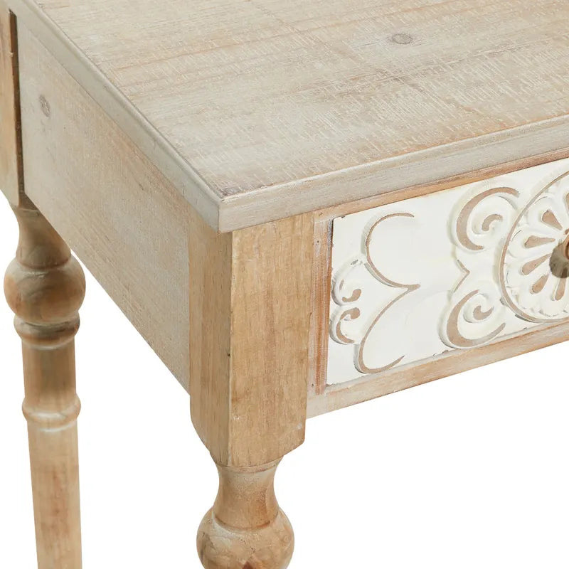 Console intagliata floreale marrone con 2 cassetti, piano in legno