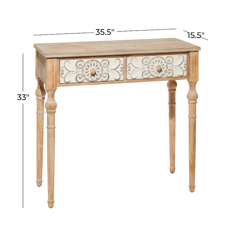 Console intagliata floreale marrone con 2 cassetti, piano in legno