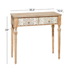 Console intagliata floreale marrone con 2 cassetti, piano in legno
