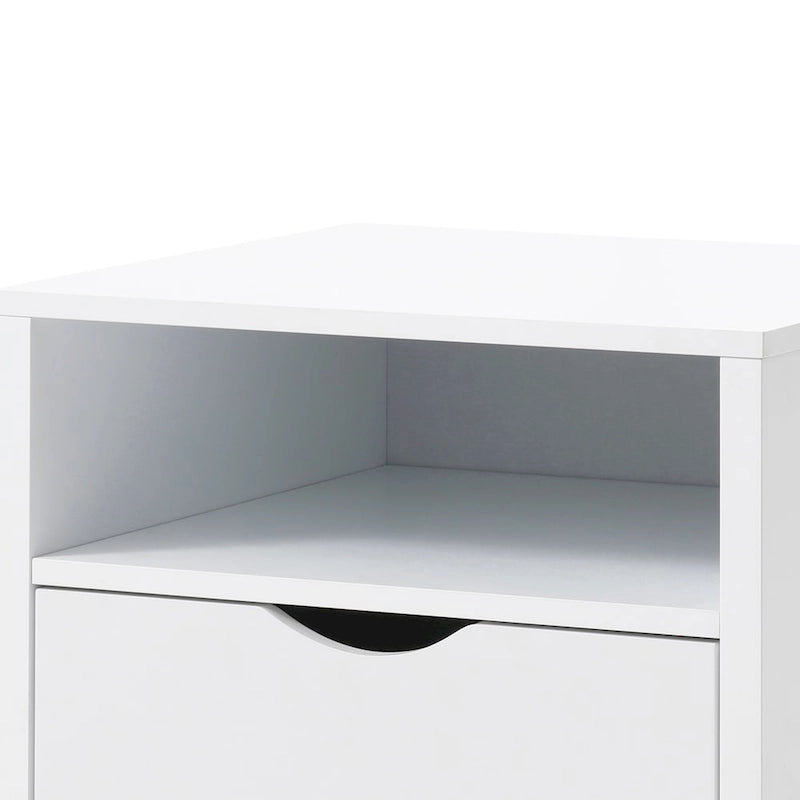 Comodino moderno di metà secolo bianco e legno naturale con cassetto e vano, 1 persona