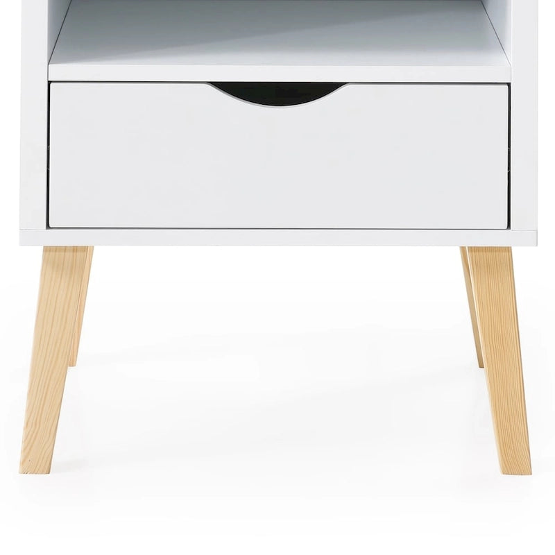 Comodino moderno di metà secolo bianco e legno naturale con cassetto e vano, 1 persona