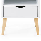 Comodino moderno di metà secolo bianco e legno naturale con cassetto e vano, 1 persona