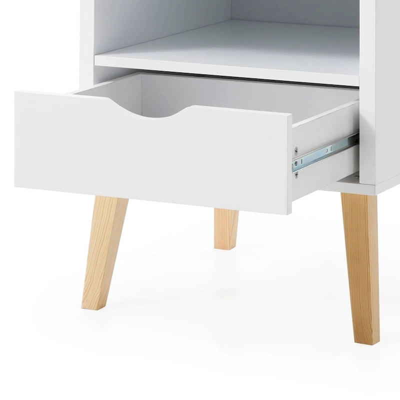 Comodino moderno di metà secolo bianco e legno naturale con cassetto e vano, 1 persona
