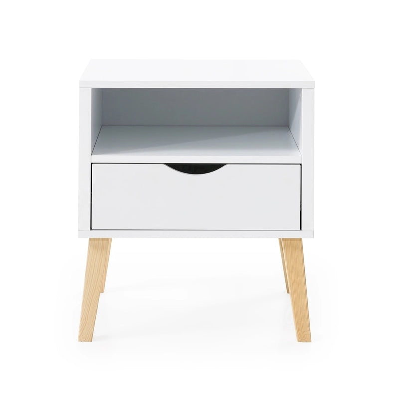 Comodino moderno di metà secolo bianco e legno naturale con cassetto e vano, 1 persona