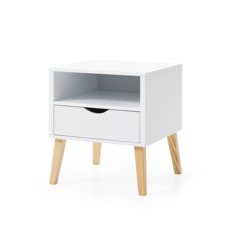 Comodino moderno di metà secolo bianco e legno naturale con cassetto e vano, 1 persona