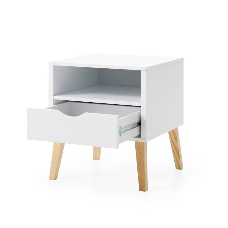 Comodino moderno di metà secolo bianco e legno naturale con cassetto e vano, 1 persona