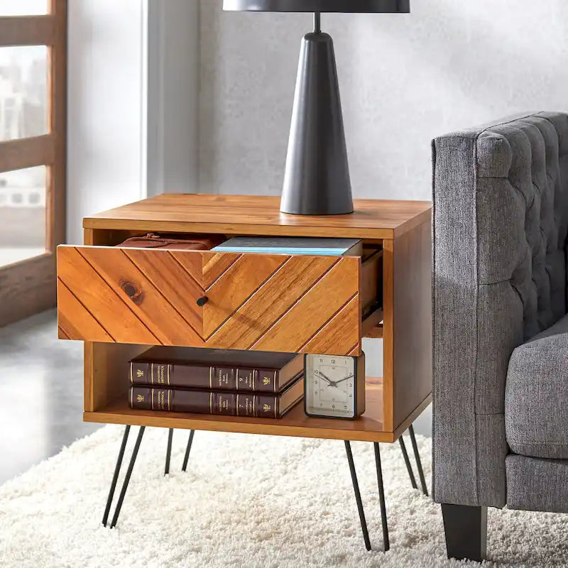 Tavolino con un cassetto in rovere, stile moderno di metà secolo, assemblaggio per 1 persona