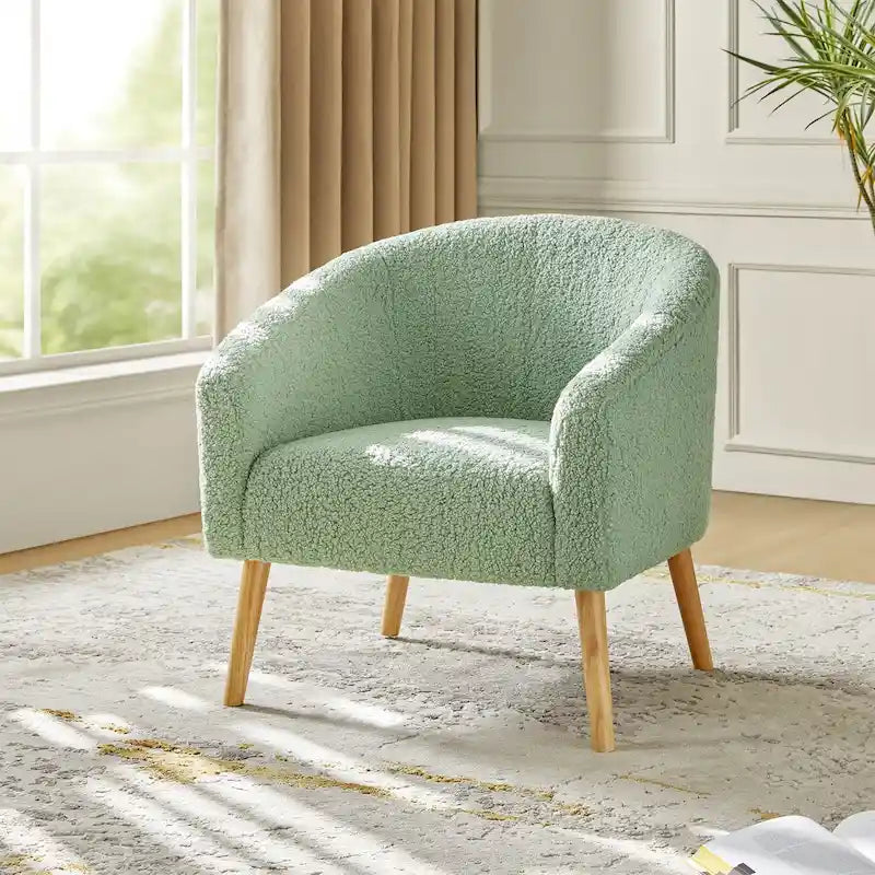 Poltrona a botte in tessuto bouclé salvia / nero / avorio / grigio / blu, seduta singola, gambe in legno massello