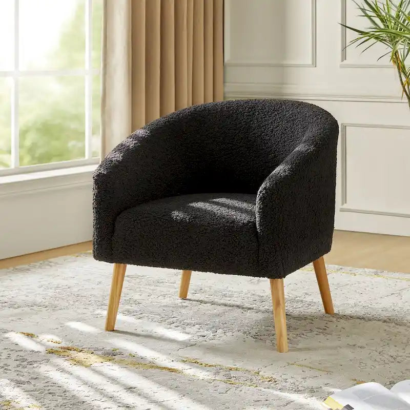 Poltrona a botte in tessuto bouclé salvia / nero / avorio / grigio / blu, seduta singola, gambe in legno massello