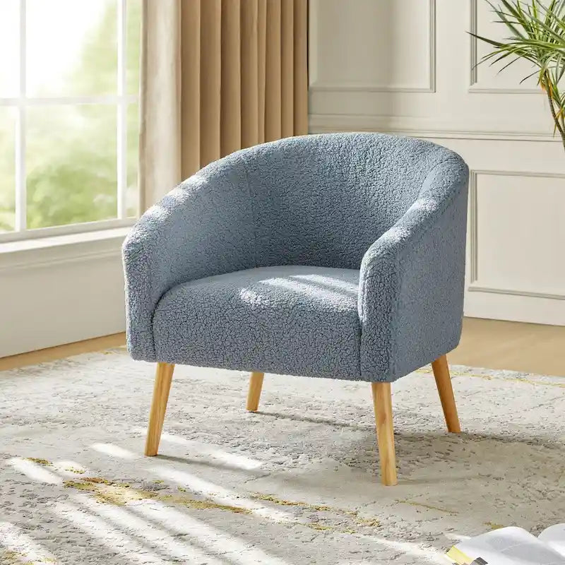 Poltrona a botte in tessuto bouclé salvia / nero / avorio / grigio / blu, seduta singola, gambe in legno massello