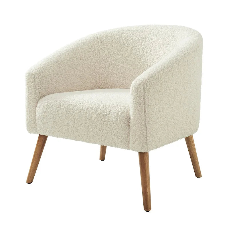 Poltrona a botte in tessuto bouclé salvia / nero / avorio / grigio / blu, seduta singola, gambe in legno massello