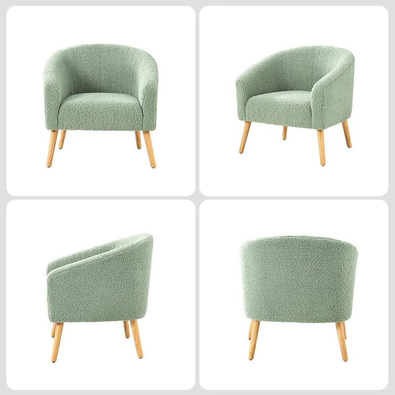 Poltrona a botte in tessuto bouclé salvia / nero / avorio / grigio / blu, seduta singola, gambe in legno massello
