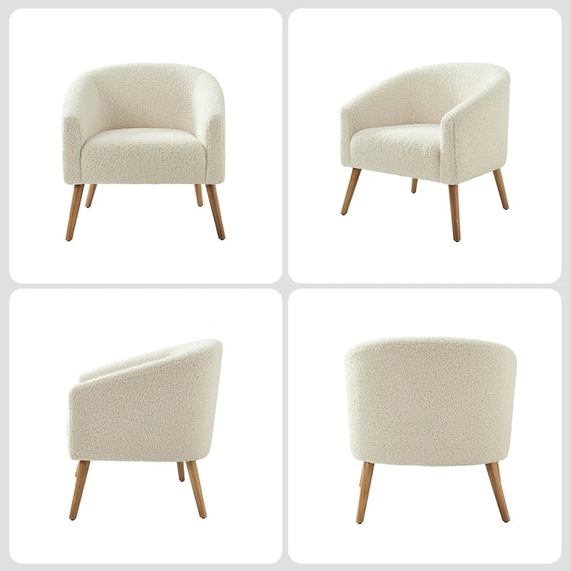 Poltrona a botte in tessuto bouclé salvia / nero / avorio / grigio / blu, seduta singola, gambe in legno massello