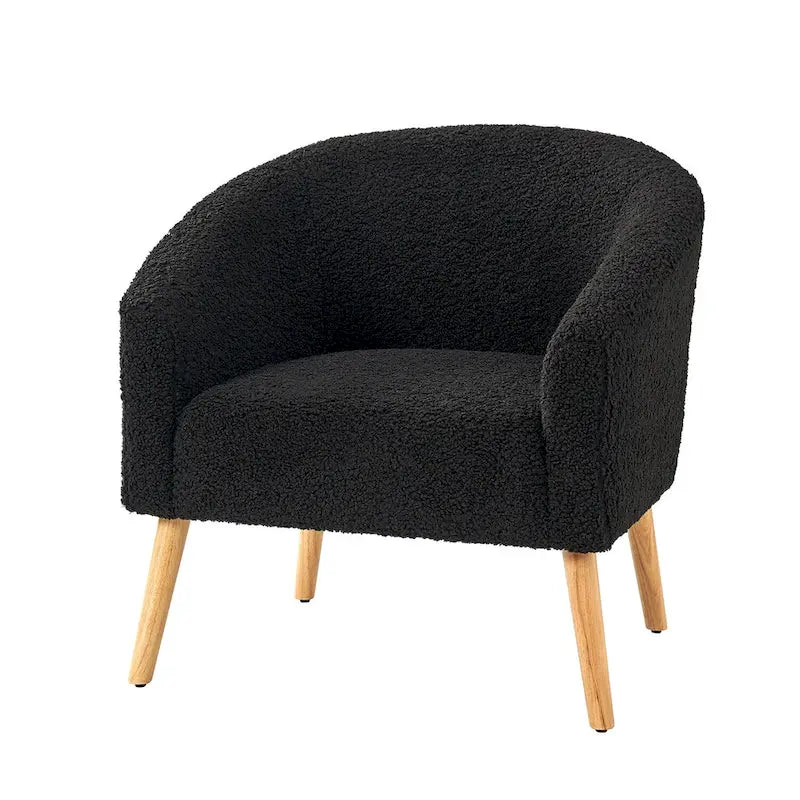 Poltrona a botte in tessuto bouclé salvia / nero / avorio / grigio / blu, seduta singola, gambe in legno massello