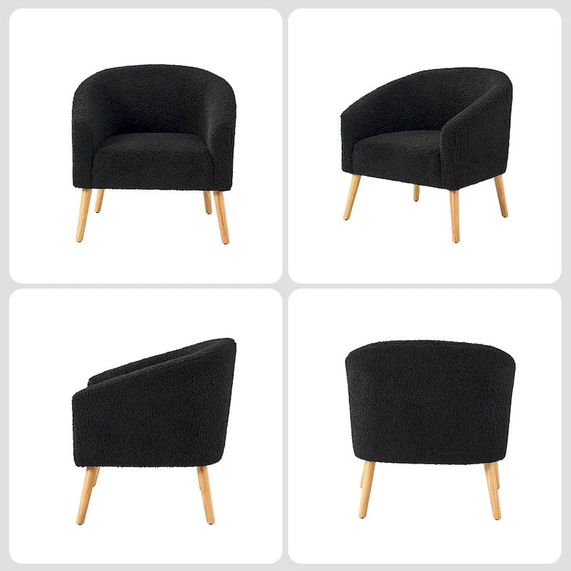 Poltrona a botte in tessuto bouclé salvia / nero / avorio / grigio / blu, seduta singola, gambe in legno massello