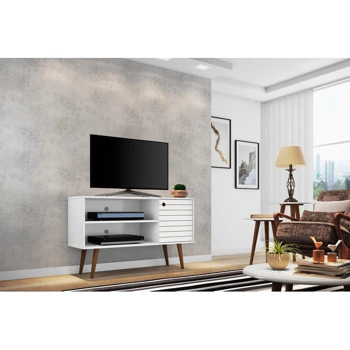 Mobile TV/consolle multimediale a 2 ripiani con gambe oblique - Giallo / Blu / Marrone Chiaro / Bianco / Marrone Scuro