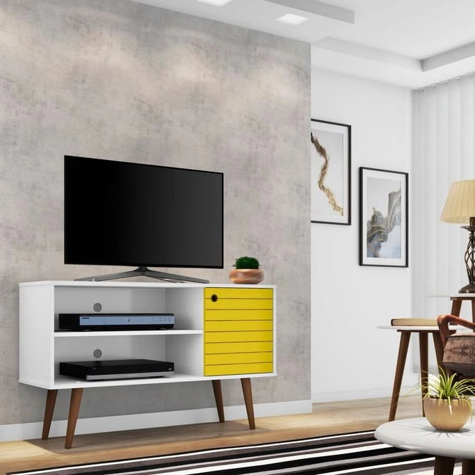 Mobile TV/consolle multimediale a 2 ripiani con gambe oblique - Giallo / Blu / Marrone Chiaro / Bianco / Marrone Scuro