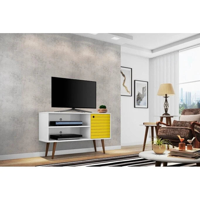 Mobile TV/consolle multimediale a 2 ripiani con gambe oblique - Giallo / Blu / Marrone Chiaro / Bianco / Marrone Scuro