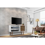 Mobile TV/consolle multimediale a 2 ripiani con gambe oblique - Giallo / Blu / Marrone Chiaro / Bianco / Marrone Scuro