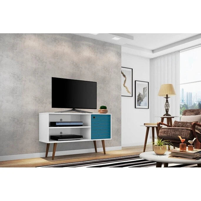 Mobile TV/consolle multimediale a 2 ripiani con gambe oblique - Giallo / Blu / Marrone Chiaro / Bianco / Marrone Scuro