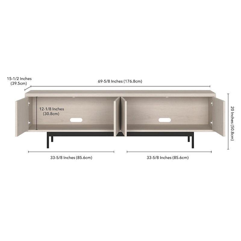 Mobile TV rettangolare nero venato / bianco / bianco ontano per TV fino a 75" – larghezza 69,5"