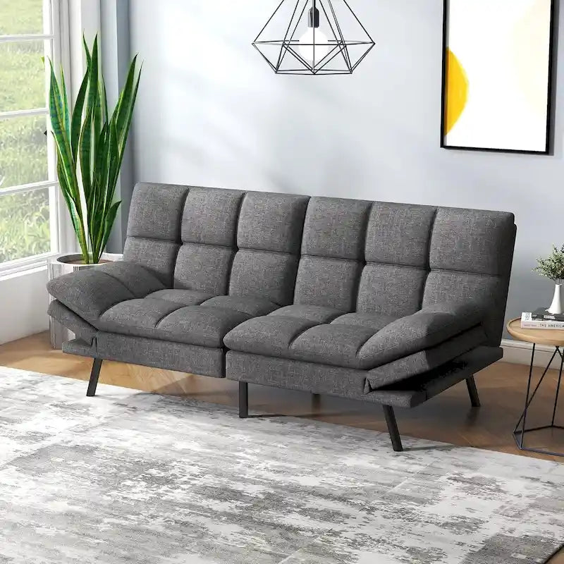 Divano letto futon convertibile grigio/nero con braccioli e schienale regolabili, 2 posti