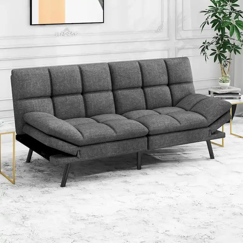 Divano letto futon convertibile grigio/nero con braccioli e schienale regolabili, 2 posti