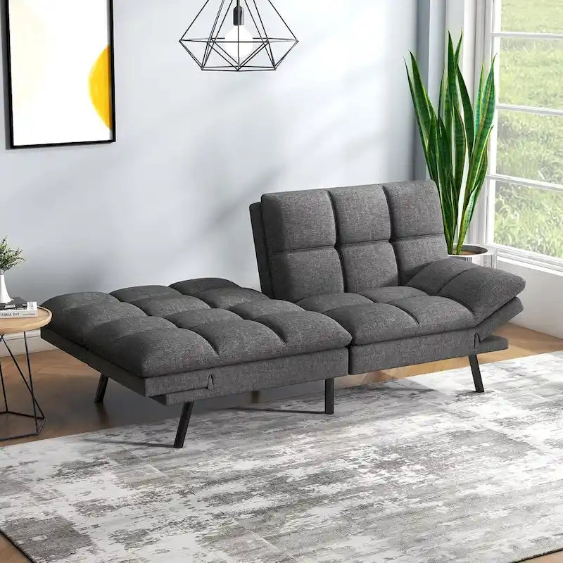 Divano letto futon convertibile grigio/nero con braccioli e schienale regolabili, 2 posti