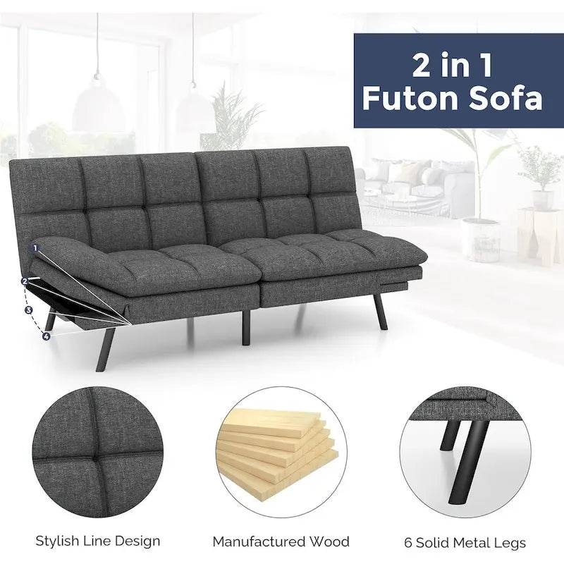 Divano letto futon convertibile grigio/nero con braccioli e schienale regolabili, 2 posti